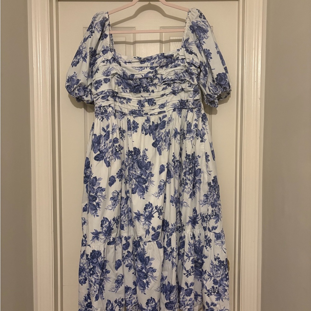 Abercrombie and Fitch Emerson Poplin Puff Sleeve Midi Dress Blue White Floral